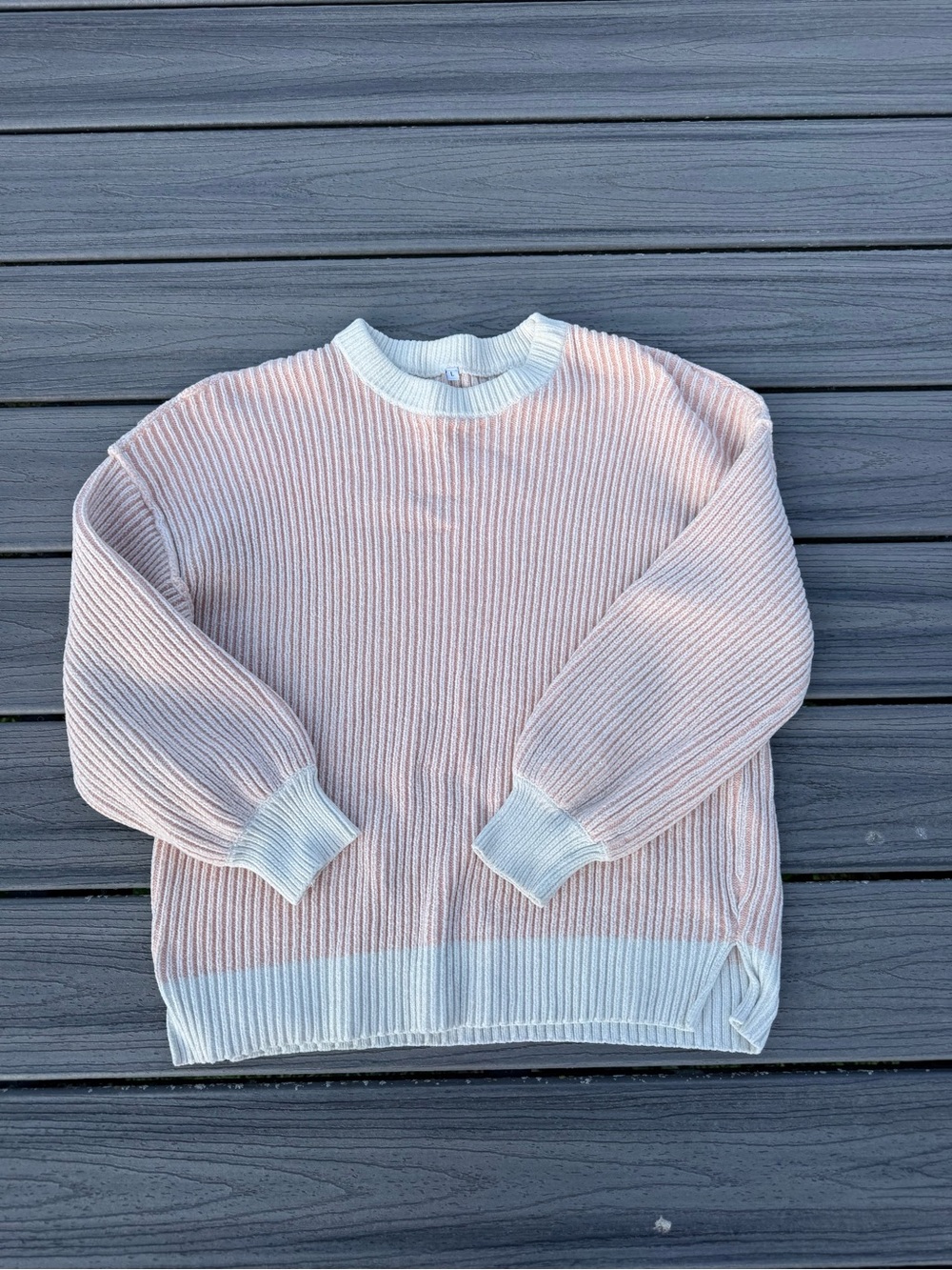 Light Pink Ribbed Crewneck Sweater with White Trim